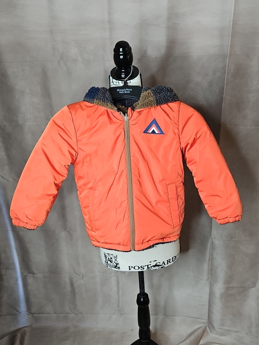 Catimini Kids Reversible Coat Orange Nylon/ Brown Plaid Sherpa Size 5 Hooded